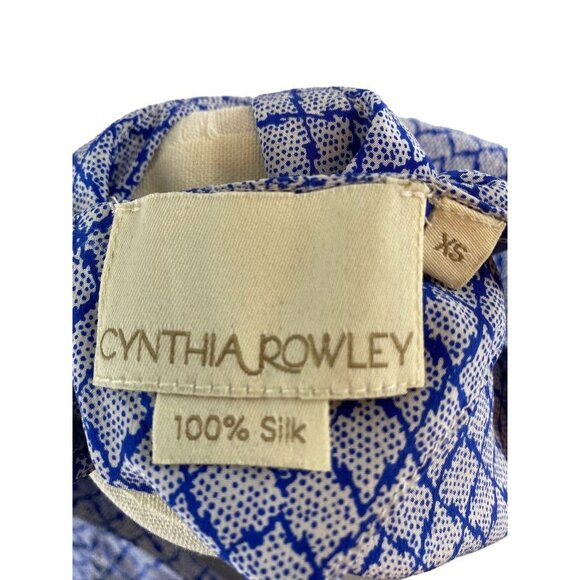 XS Cynthia Rowley Womens 100% Silk Blue Print Pullover Pleat Front Blouse - Picture 7 of 11